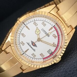 Vintage 1975 Citizen Automatic Mens Gold Watch W/daydate & Red accents